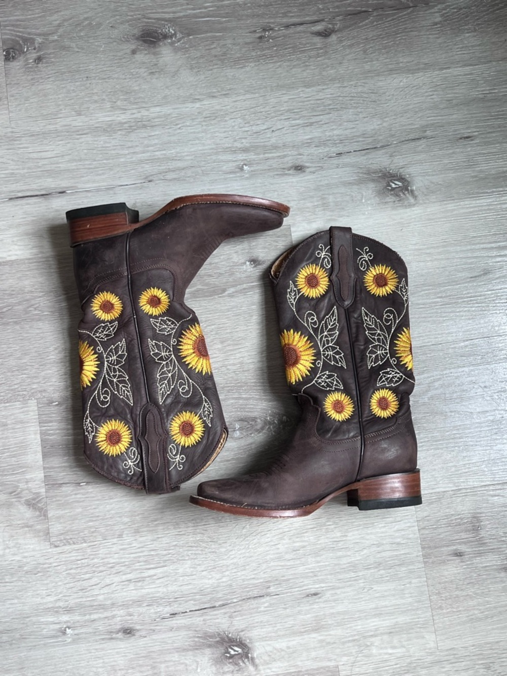 Sunflower Embroidered Brown Leather Cowboy Boots - Women
